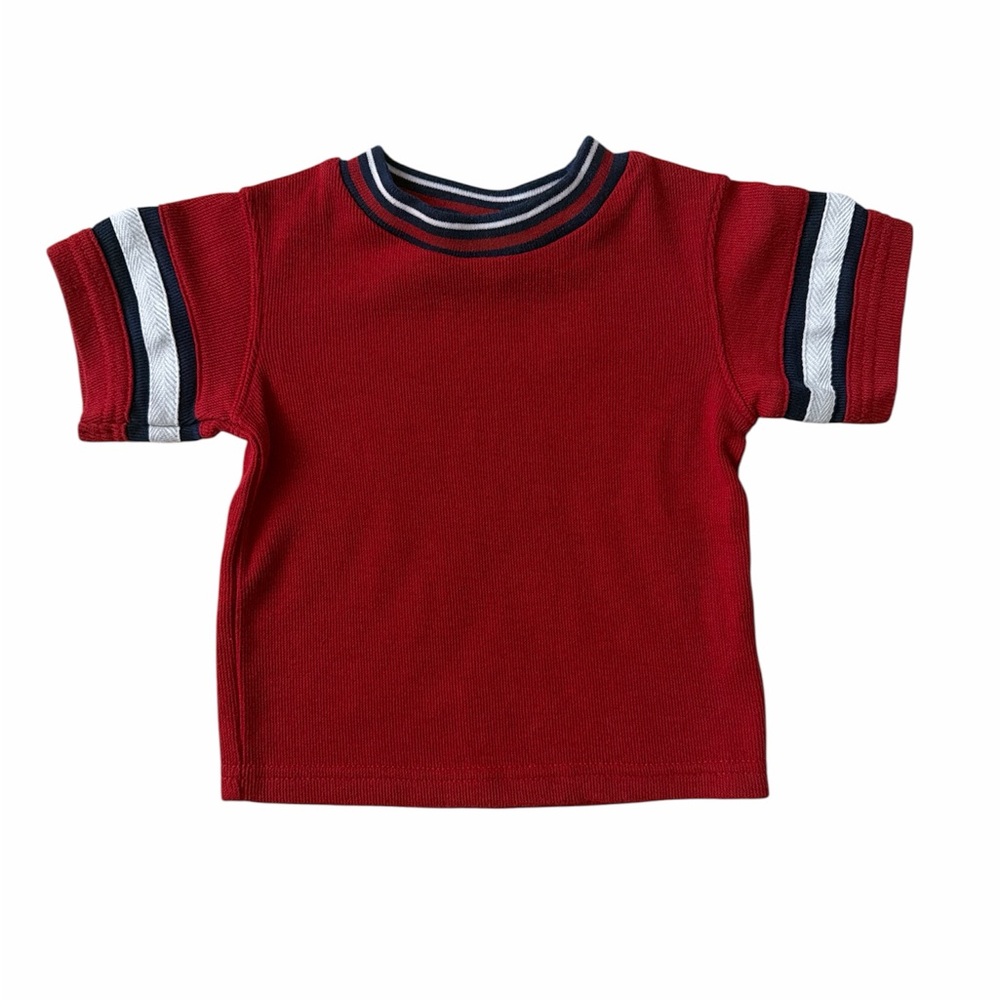 Vintage Cradle togs baby. Vibrant Red Kids Tee with Striped Sleeves